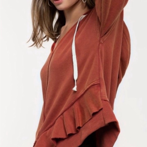 POL Burnt Orange oversized asymmetrical ruffled hem hoodie size: S - Picture 14 of 15